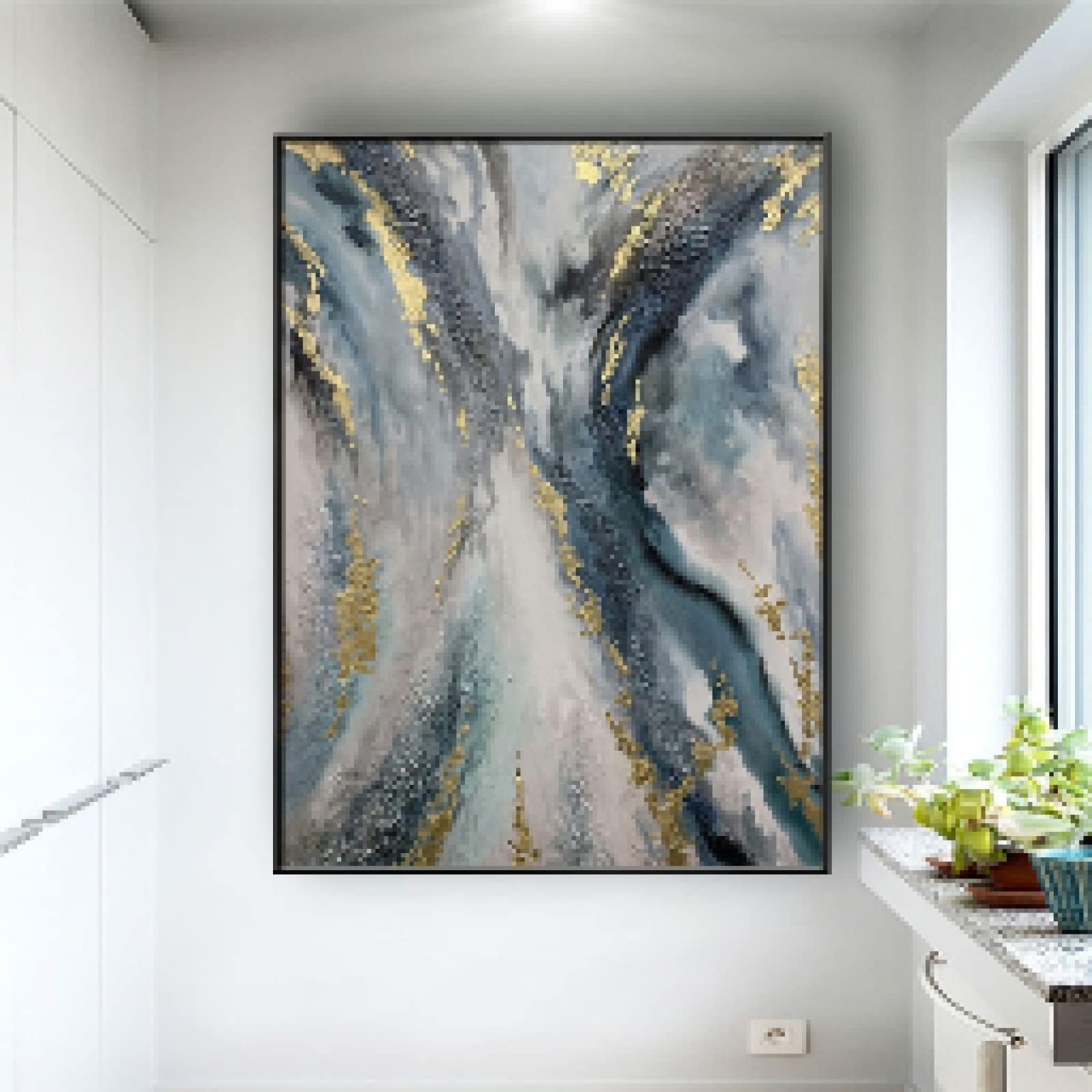 Amazon.co.jp: 抽象油絵現代美術絵画ラージブルーシルバーグレー